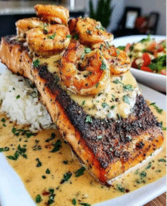 Blackened Salmon with Shrimp Cream Sauce
Ingredients: